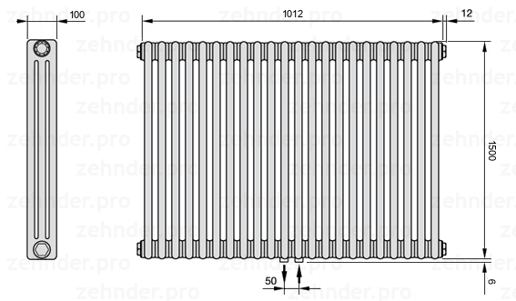 Схема (чертеж) Радиатор Zehnder Charleston 3150/22 №5410 Белый глянцевый RAL 9016